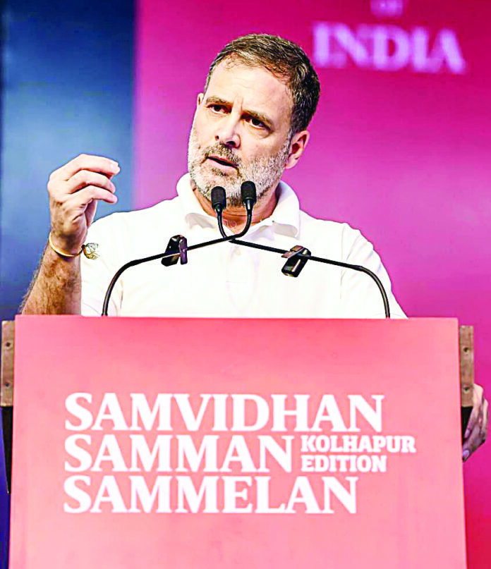 Rahul Gandhi addresses the Samvidhan Samman Sammelan, in Kolhapur on Saturday. ANI