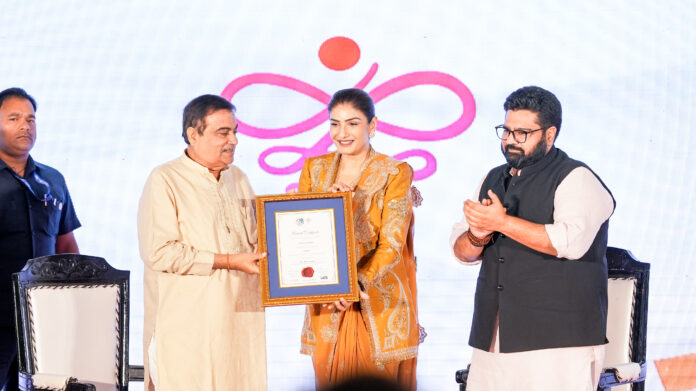 Union Minister Nitin Gadkari conferring the Shakti Award 2024 to Bollywood actress and Padma Shri recipient Raveena Tandon in the presence of Rajya Sabha MP Kartikeya Sharma. Union Minister Nitin Gadkari conferring the Shakti Award 2024 to Bollywood actress and Padma Shri recipient Raveena Tandon in the presence of Rajya Sabha MP Kartikeya Sharma.