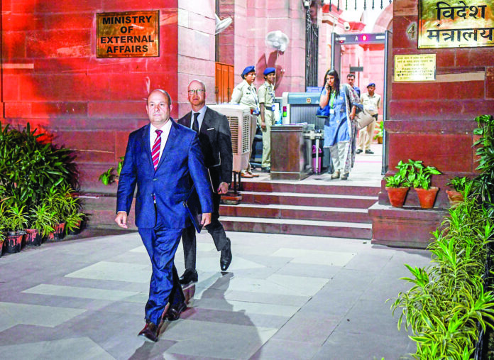 Canadian Chargé d’Affaires Stewart Wheeler leaves the Ministry of External Affairs (MEA) after being summoned by the Ministry, in New Delhi on Monday. ANI Canadian Chargé d’Affaires Stewart Wheeler leaves the Ministry of External Affairs (MEA) after being summoned by the Ministry, in New Delhi on Monday. ANI