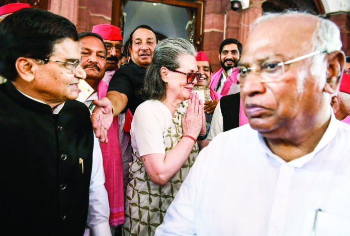 File photo: Congress Parliamentary Party Chairperson Sonia Gandhi meets SP MPs during their protest, at the Samvidhan Sadan in New Delhi on 24 June, 2024. Then LoP in Rajya Sabha Mallikarjun Kharge is also seen. ANI File photo: Congress Parliamentary Party Chairperson Sonia Gandhi meets SP MPs during their protest, at the Samvidhan Sadan in New Delhi on 24 June, 2024. Then LoP in Rajya Sabha Mallikarjun Kharge is also seen. ANI