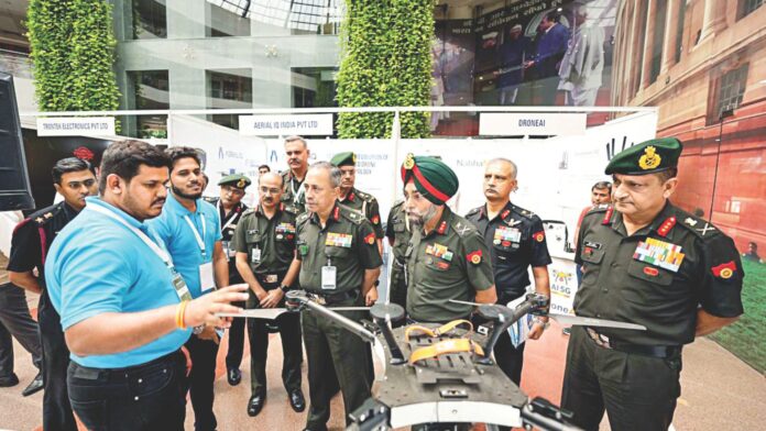 Lieutenant General N.S. Raja Subramani and other officials during the ‘Drone Shivir’ organised by Army in collaboration with Drone Federation of India, in New Delhi on Oct 3, 2024. ANI Lieutenant General N.S. Raja Subramani and other officials during the ‘Drone Shivir’ organised by Army in collaboration with Drone Federation of India, in New Delhi on Oct 3, 2024. ANI