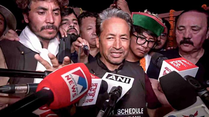 Ladakh activist Sonam Wangchuk addresses the media as he arrives at Rajghat to pay tribute to Mahatma Gandhi on his birth anniversary, on October 2. ANI Ladakh activist Sonam Wangchuk addresses the media as he arrives at Rajghat to pay tribute to Mahatma Gandhi on his birth anniversary, on October 2. ANI