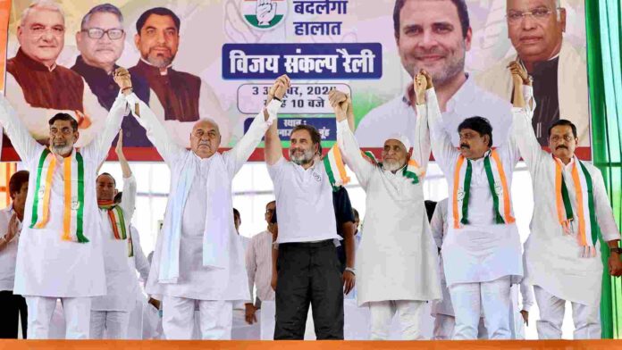 LoP in Lok Sabha and Congress leader Rahul Gandhi with party leader Bhupinder Singh Hooda and others during a public meeting in Mahendragarh on Thursday. ANI LoP in Lok Sabha and Congress leader Rahul Gandhi with party leader Bhupinder Singh Hooda and others during a public meeting in Mahendragarh on Thursday. ANI