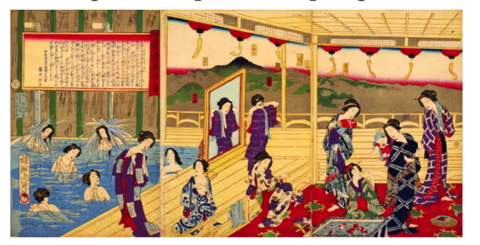 Chikanobu Yoshu’s woodcut showing Japanese women at an onsen “Ikaho Onsen Hanei no Zu” 