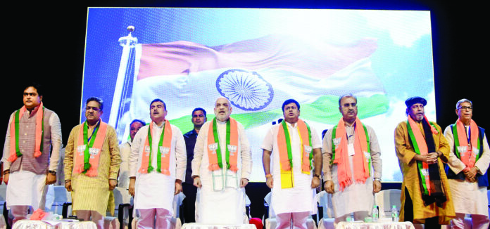 Union Home Minister Amit Shah, along with Union Minister of State for Education & Development Sukanta Majumdar, Leader of the Opposition in the West Bengal Assembly Suvendu Adhikari, and other BJP leaders, during the launch of the party’s membership drive in Kolkata on October 27. ANI Union Home Minister Amit Shah, along with Union Minister of State for Education & Development Sukanta Majumdar, Leader of the Opposition in the West Bengal Assembly Suvendu Adhikari, and other BJP leaders, during the launch of the party’s membership drive in Kolkata on October 27. ANI