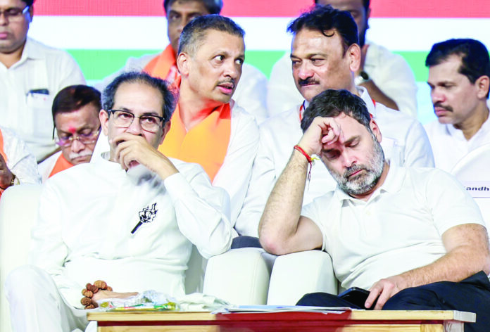 Lok Sabha LoP and Congress leader Rahul Gandhi and Shiv Sena (Uddhav Balasaheb Thackeray) chief Uddhav Thackeray during the release of Mahavikas Aghadi (MVA) guarantees for the Maharashtra assembly elections, in Mumbai on Wednesday. ANI Lok Sabha LoP and Congress leader Rahul Gandhi and Shiv Sena (Uddhav Balasaheb Thackeray) chief Uddhav Thackeray during the release of Mahavikas Aghadi (MVA) guarantees for the Maharashtra assembly elections, in Mumbai on Wednesday. ANI