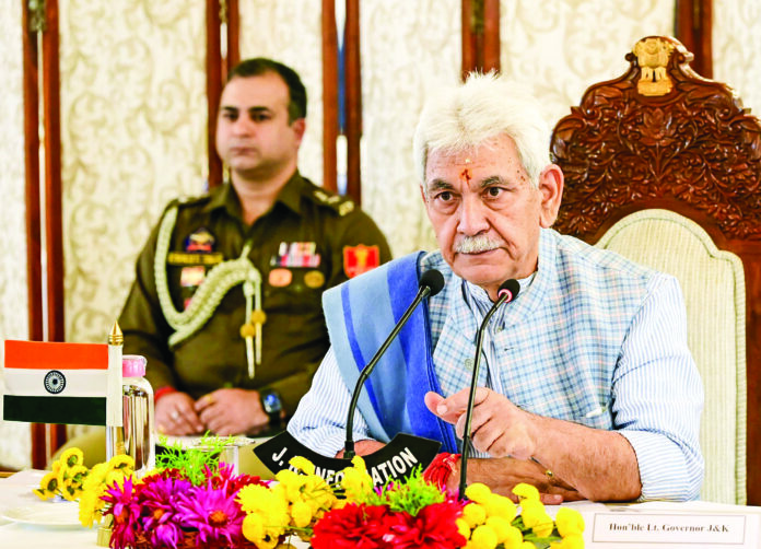 Jammu and Kashmir LG Manoj Sinha Chairs a security review meeting with the senior officials of J&K Police, civil administration and DCs & SSPs of all the districts of Kashmir Division, in Srinagar, on October 28. ANI Jammu and Kashmir LG Manoj Sinha Chairs a security review meeting with the senior officials of J&K Police, civil administration and DCs & SSPs of all the districts of Kashmir Division, in Srinagar, on October 28. ANI