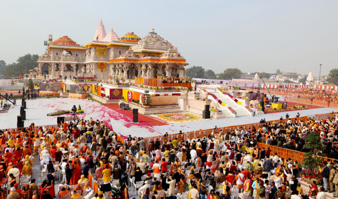 Gathering at the Ram Janmabhoomi Temple on the occasion of the ‘Pran Pratishtha’ ceremony, in Ayodhya on 23 January. ANI Gathering at the Ram Janmabhoomi Temple on the occasion of the ‘Pran Pratishtha’ ceremony, in Ayodhya on 23 January. ANI