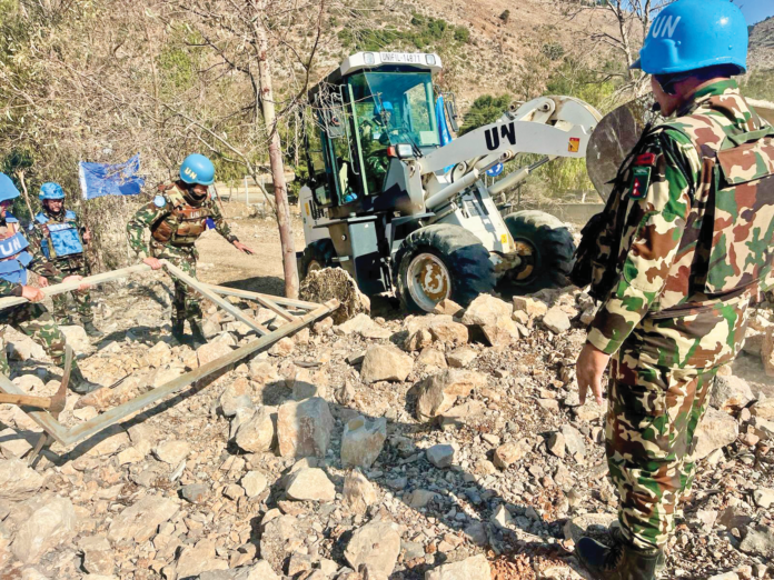 UNIFIL peacekeepers clearing up a road connecting UN positions in Meiss el Jabal and Tebnin in Lebanon. Photo courtesy: UNIFIL’s ‘X’ handle. UNIFIL peacekeepers clearing up a road connecting UN positions in Meiss el Jabal and Tebnin in Lebanon. Photo courtesy: UNIFIL’s ‘X’ handle.