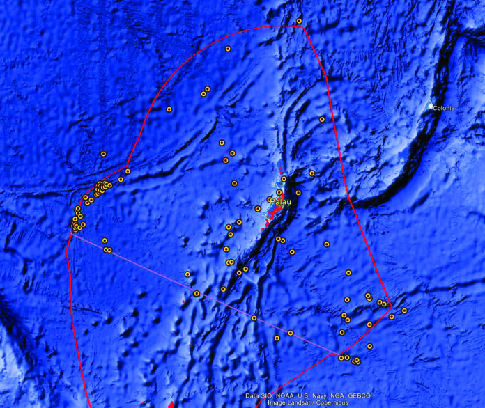Locations of fish aggregation devices likely used for illegal fishing found by the U.S. Coast Guard in the waters of Palau. Locations of fish aggregation devices likely used for illegal fishing found by the U.S. Coast Guard in the waters of Palau.