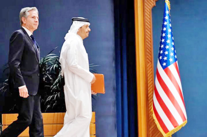 U.S. Secretary of State Antony Blinken, left, and Qatar’s Prime Minister and Foreign Minister Mohammed bin Abdulrahman Al Thani in Doha, Qatar, Oct. 13, 2023. U.S. Secretary of State Antony Blinken, left, and Qatar’s Prime Minister and Foreign Minister Mohammed bin Abdulrahman Al Thani in Doha, Qatar, Oct. 13, 2023.