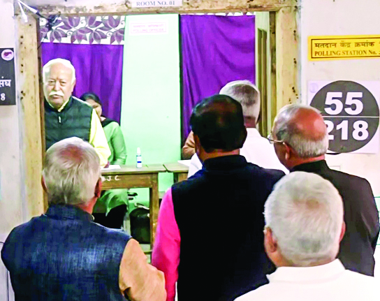 RSS Chief Mohan Bhagwat leaves after casting his vote for the Maharashtra Assembly elections, in Nagpur on Wednesday. ANI RSS Chief Mohan Bhagwat leaves after casting his vote for the Maharashtra Assembly elections, in Nagpur on Wednesday. ANI