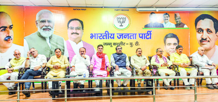 Union Minister of State (Ind. Charge) Science and Technology Jitendra Singh, Jammu and Kashmir BJP President Ravinder Raina and others during party’s election management committee meeting, at party head office, in Jammu on Oct 7. ANI Union Minister of State (Ind. Charge) Science and Technology Jitendra Singh, Jammu and Kashmir BJP President Ravinder Raina and others during party’s election management committee meeting, at party head office, in Jammu on Oct 7. ANI
