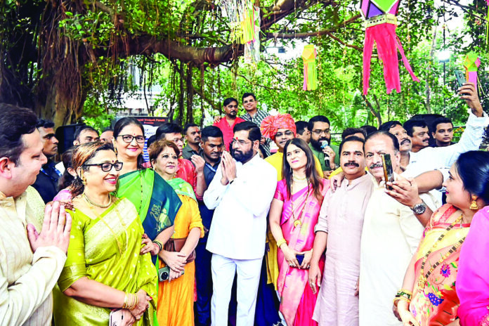 Maharashtra CM Eknath Shinde with Shiv Sena Thane MP Naresh Mhaske, former corporator Vikas Repale and others during the Diwali celebrations, at Raheja Complex in Thane, on October 31. ANI Maharashtra CM Eknath Shinde with Shiv Sena Thane MP Naresh Mhaske, former corporator Vikas Repale and others during the Diwali celebrations, at Raheja Complex in Thane, on October 31. ANI