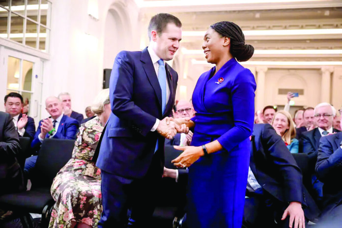 Robert Jenrick congratulating Kemi Badenoch on winning the Conservative Party leadership contest in London. Robert Jenrick congratulating Kemi Badenoch on winning the Conservative Party leadership contest in London.