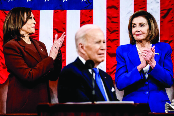 Then US President Joe Biden delivers the State of the Union address with U.S. Vice President Kamala Harris (L) and House Speaker Nancy Pelosi (D-CA) on March 1, 2022 in Washington, DC. (File photo) Then US President Joe Biden delivers the State of the Union address with U.S. Vice President Kamala Harris (L) and House Speaker Nancy Pelosi (D-CA) on March 1, 2022 in Washington, DC. (File photo)