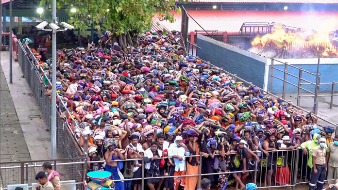 large number of devotees visited and offered prayers at Sabarimala Sree Dharma Sastha Temple, in Pathanamthitta on Dec 17, 2023. (ANI) large number of devotees visited and offered prayers at Sabarimala Sree Dharma Sastha Temple, in Pathanamthitta on Dec 17, 2023. (ANI)