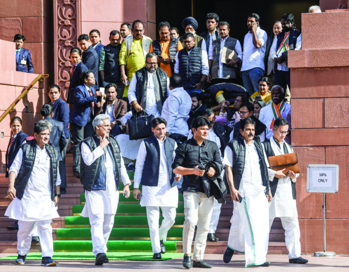 Deputy Leader of Congress in Lok Sabha Gaurav Gogi, party MPs KC Venugopal, Deepender Hooda and other MPs at Parliament during the Winter Session, in New Delhi on Thursday. ANI Deputy Leader of Congress in Lok Sabha Gaurav Gogi, party MPs KC Venugopal, Deepender Hooda and other MPs at Parliament during the Winter Session, in New Delhi on Thursday. ANI