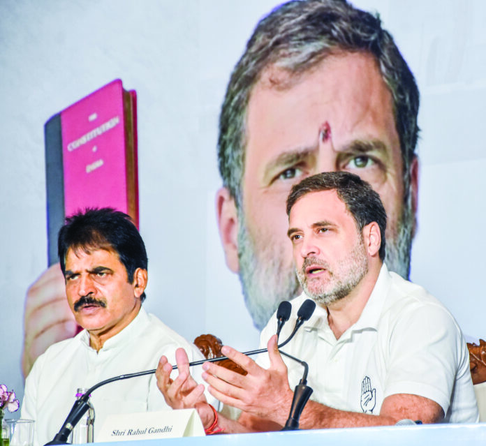 Leader of Opposition in Lok Sabha and Congress leader Rahul Gandhi addresses a press conference, in Mumbai on Monday. Party General Secretary (Organisation) K.C. Venugopal also present. ANI Leader of Opposition in Lok Sabha and Congress leader Rahul Gandhi addresses a press conference, in Mumbai on Monday. Party General Secretary (Organisation) K.C. Venugopal also present. ANI