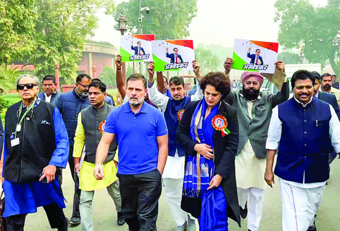 Lok Sabha LoP Rahul Gandhi with Congress MP Priyanka Gandhi Vadra and other I.N.D.I.A bloc MPs hold a protest march demanding an apology and the resignation of Union Home Minister Amit Shah over his remarks on Ambedkar in Rajya Sabha, in New Delhi on Thursday. ANI Lok Sabha LoP Rahul Gandhi with Congress MP Priyanka Gandhi Vadra and other I.N.D.I.A bloc MPs hold a protest march demanding an apology and the resignation of Union Home Minister Amit Shah over his remarks on Ambedkar in Rajya Sabha, in New Delhi on Thursday. ANI