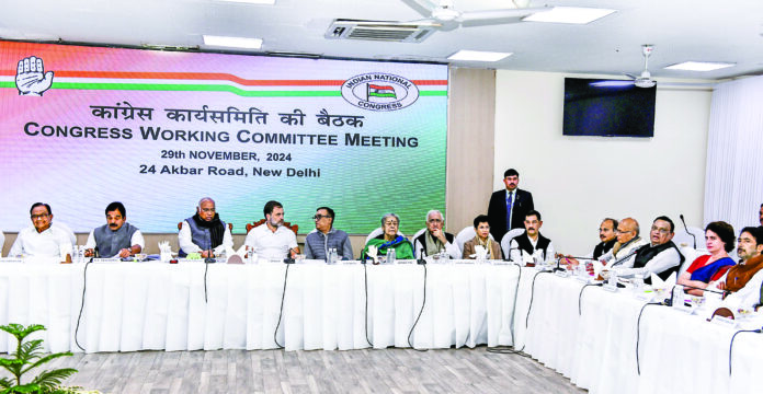 Leader of Opposition in Lok Sabha and Congress leader Rahul Gandhi with party president Mallikarjun Kharge, party General Secretary (Organisation) KC Venugopal and others attend the Congress Working Committee (CWC) meeting, at AICC HQ in New Delhi on Friday. ANI