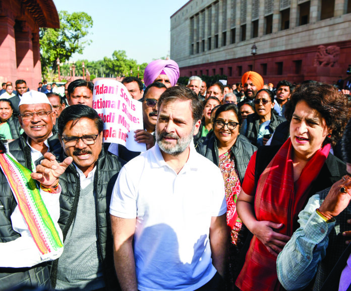 LoP in Lok Sabha Rahul Gandhi with Congress MP Priyanka Gandhi Vadra and opposition MPs staging a protest on the Gautam Adani indictment issue during the winter session, at Parliament premises in New Delhi on Thursday. ANI LoP in Lok Sabha Rahul Gandhi with Congress MP Priyanka Gandhi Vadra and opposition MPs staging a protest on the Gautam Adani indictment issue during the winter session, at Parliament premises in New Delhi on Thursday. ANI