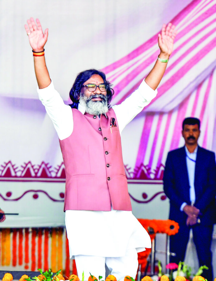 JMM Executive President Hemant Soren waves to the crowd as he arrives to take oath as the 14th Chief Minister of Jharkhand, in Ranchi, on Thursday. ANI JMM Executive President Hemant Soren waves to the crowd as he arrives to take oath as the 14th Chief Minister of Jharkhand, in Ranchi, on Thursday. ANI