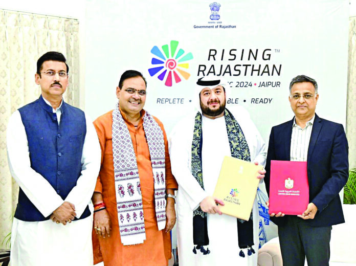 An MoU was signed in the presence of Rajasthan CM Bhajan Lal Sharma and UAE Minister of Investment Mohamed Hassan Alsuwaidi ahead of the Rising Rajasthan’ Global Investment Summit 2024, which was held from Dec 9 to 11, in Jaipur. State Minister of Youth Affairs and Sports Department Rajyavardhan Singh Rathore is also seen. ANIAn MoU was signed in the presence of Rajasthan CM Bhajan Lal Sharma and UAE Minister of Investment Mohamed Hassan Alsuwaidi ahead of the Rising Rajasthan’ Global Investment Summit 2024, which was held from Dec 9 to 11, in Jaipur. State Minister of Youth Affairs and Sports Department Rajyavardhan Singh Rathore is also seen. ANI An MoU was signed in the presence of Rajasthan CM Bhajan Lal Sharma and UAE Minister of Investment Mohamed Hassan Alsuwaidi ahead of the Rising Rajasthan’ Global Investment Summit 2024, which was held from Dec 9 to 11, in Jaipur. State Minister of Youth Affairs and Sports Department Rajyavardhan Singh Rathore is also seen. ANI