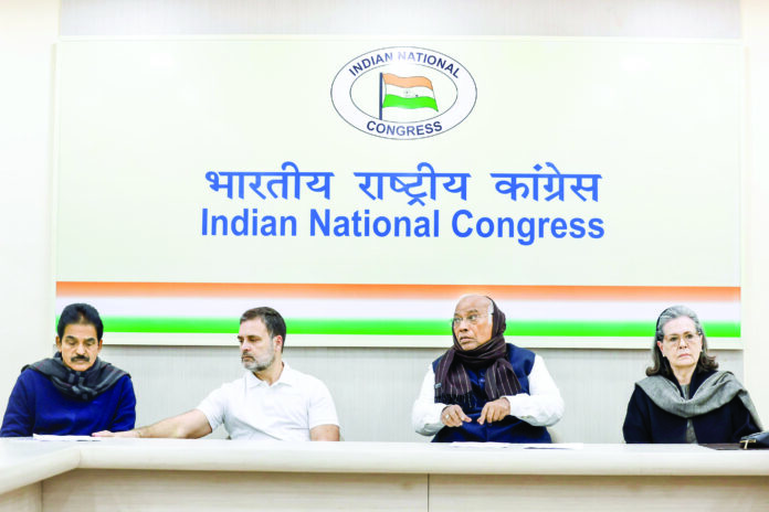 Congress president Mallikarjun Kharge, Congress Parliamentary Party chairperson Sonia Gandhi, Lok Sabha LoP Rahul Gandhi and Congress General Secretary (Organisation) KC Venugopal during the Congress Working Committee meeting convened to pay tribute to former Prime Minister Dr Manmohan Singh, in New Delhi on Friday. ANI Congress president Mallikarjun Kharge, Congress Parliamentary Party chairperson Sonia Gandhi, Lok Sabha LoP Rahul Gandhi and Congress General Secretary (Organisation) KC Venugopal during the Congress Working Committee meeting convened to pay tribute to former Prime Minister Dr Manmohan Singh, in New Delhi on Friday. ANI