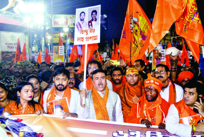 BJP leader Suvendu Adhikari during a Saurya Diwas protest rally over the violence against minorities in Bangladesh, in Kolkata on Friday. ANI BJP leader Suvendu Adhikari during a Saurya Diwas protest rally over the violence against minorities in Bangladesh, in Kolkata on Friday. ANI