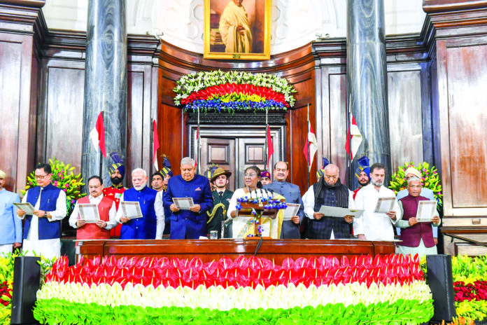 President Droupadi Murmu, Vice President Jagdeep Dhankar, Prime Minister Narendra Modi, Lok Sabha Speaker Om Birla, Union Ministers Kiren Rijiju, JP Nadda, Rajya Sabha LoP Mallikarjun Kharge and Lok Sabha LoP Rahul Gandhi read the Preamble to the Indian Constitution during the Constitution Day (Samvidhan Divas) celebration, at Samvidhan Sadan in New Delhi on Tuesday. ANI President Droupadi Murmu, Vice President Jagdeep Dhankar, Prime Minister Narendra Modi, Lok Sabha Speaker Om Birla, Union Ministers Kiren Rijiju, JP Nadda, Rajya Sabha LoP Mallikarjun Kharge and Lok Sabha LoP Rahul Gandhi read the Preamble to the Indian Constitution during the Constitution Day (Samvidhan Divas) celebration, at Samvidhan Sadan in New Delhi on Tuesday. ANI