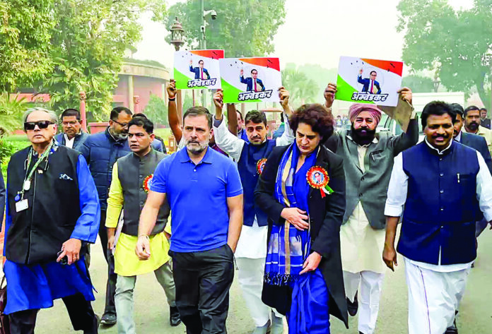 Lok Sabha LoP Rahul Gandhi with Congress MP Priyanka Gandhi Vadra and other I.N.D.I.A bloc MPs hold a protest demanding an apology and the resignation of Union Home Minister Amit Shah over his remarks on Babasaheb Ambedkar in Rajya Sabha, in New Delhi on Dec 19, 2024. ANI Lok Sabha LoP Rahul Gandhi with Congress MP Priyanka Gandhi Vadra and other I.N.D.I.A bloc MPs hold a protest demanding an apology and the resignation of Union Home Minister Amit Shah over his remarks on Babasaheb Ambedkar in Rajya Sabha, in New Delhi on Dec 19, 2024. ANI