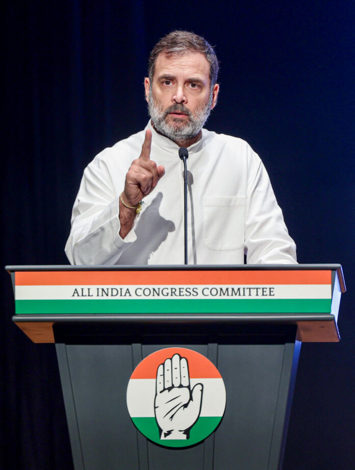 Congress MP and Leader of Opposition in Lok Sabha Rahul Gandhi addresses the inauguration of ‘Indira Bhawan’, the new headquarters of the party, in New Delhi on Wednesday. ANI Congress MP and Leader of Opposition in Lok Sabha Rahul Gandhi addresses the inauguration of ‘Indira Bhawan’, the new headquarters of the party, in New Delhi on Wednesday. ANI