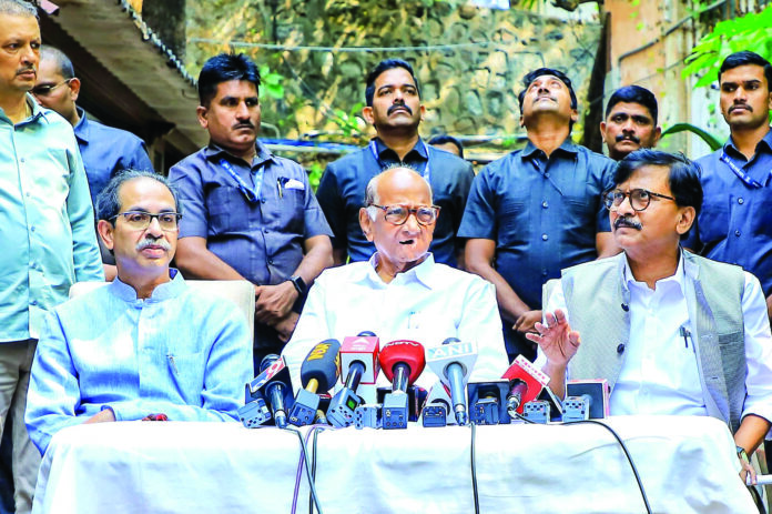 NCP (SP) chief Sharad Pawar, Shiv Sena (UBT) chief Uddhav Thackeray, and party leader Sanjay Raut address a joint press conference ahead of the Maharashtra Assembly elections, at Silver Oak in Mumbai, on November 5, 2024. ANI NCP (SP) chief Sharad Pawar, Shiv Sena (UBT) chief Uddhav Thackeray, and party leader Sanjay Raut address a joint press conference ahead of the Maharashtra Assembly elections, at Silver Oak in Mumbai, on November 5, 2024. ANI