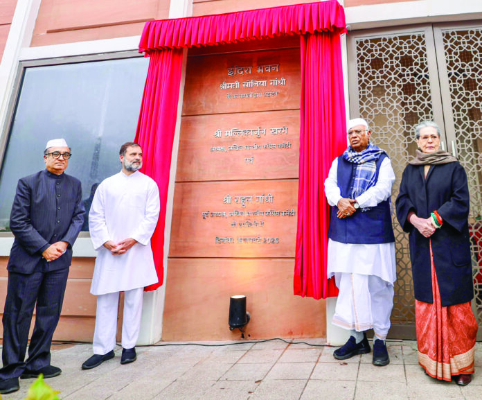 CPP chairperson Sonia Gandhi inaugurates ‘Indira Bhawan’ in New Delhi, joined by Leader of Opposition Rahul Gandhi, party president Mallikarjun Kharge, and party leader Ajay Maken, on 15 January. ANI CPP chairperson Sonia Gandhi inaugurates ‘Indira Bhawan’ in New Delhi, joined by Leader of Opposition Rahul Gandhi, party president Mallikarjun Kharge, and party leader Ajay Maken, on 15 January. ANI