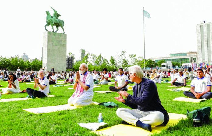 Prime Minister Narendra Modi performing yoga at UN Headquarters in New York, US on International Yoga Day, 21 June 2023. Also seen, Hollywood star Richard Gere. ANI Prime Minister Narendra Modi performing yoga at UN Headquarters in New York, US on International Yoga Day, 21 June 2023. Also seen, Hollywood star Richard Gere. ANI