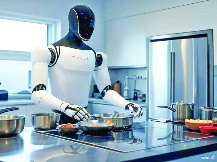 An image of Tesla’s Optimus humanoid robot cooking, generated by social media platform X’s AI tool, Grok, on the prompts given by The Sunday Guardian. An image of Tesla’s Optimus humanoid robot cooking, generated by social media platform X’s AI tool, Grok, on the prompts given by The Sunday Guardian.