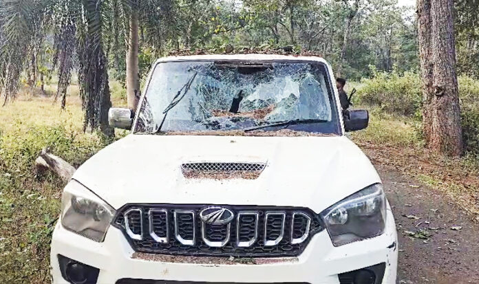 A security force vehicle affected by an IED blast, in Bijapur, Chattisgarh, on Monday. ANI