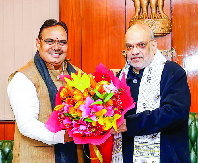 Union Home Minister Amit Shah with CM Bhajan Lal Sharma in New Delhi on 12 Jan. ANI