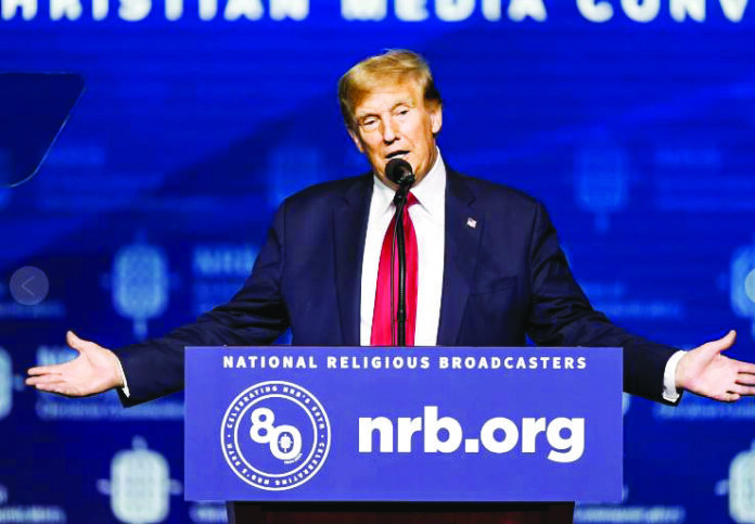Former President Donald Trump while speaking at the National Religious Broadcasters International Christian Media Convention in Nashville US on 22 February 2024. File Photo Former President Donald Trump while speaking at the National Religious Broadcasters International Christian Media Convention in Nashville US on 22 February 2024. File Photo