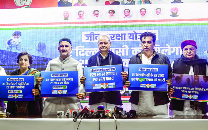 Former Rajasthan CM Ashok Gehlot, Delhi Congress President Devender Yadav, Delhi Congress in-charge Qazi Nizamuddin and others during a press conference on the ‘Jeevan Raksha Yojna’ ahead of the Delhi Assembly polls, in New Delhi on Wednesday, January 8, 2025. ANI Former Rajasthan CM Ashok Gehlot, Delhi Congress President Devender Yadav, Delhi Congress in-charge Qazi Nizamuddin and others during a press conference on the ‘Jeevan Raksha Yojna’ ahead of the Delhi Assembly polls, in New Delhi on Wednesday, January 8, 2025. ANI