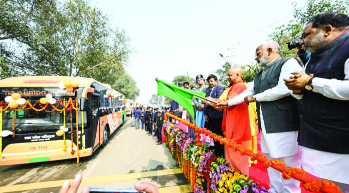 UP CM Adityanath flags off ‘Maha Kumbh Special Buses’ of UPSRTC, in Prayagraj on Friday. State Ministers Daya Shankar Singh and Swatantra Dev Singh are also present. ANI UP CM Adityanath flags off ‘Maha Kumbh Special Buses’ of UPSRTC, in Prayagraj on Friday. State Ministers Daya Shankar Singh and Swatantra Dev Singh are also present. ANI