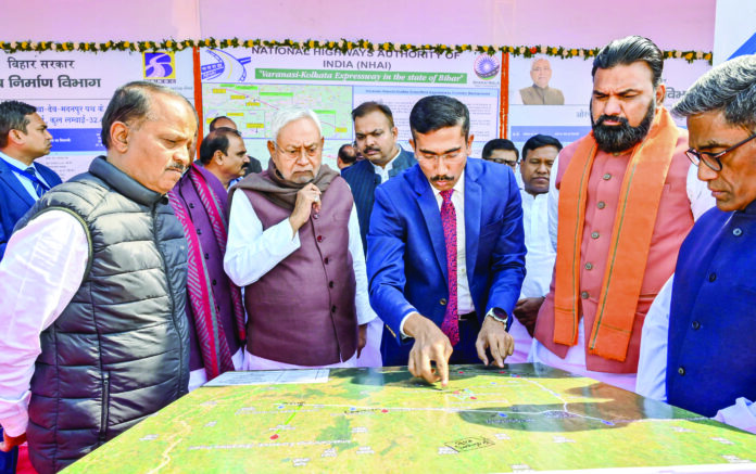 Bihar Chief Minister Nitish Kumar, along with Deputy CM Samrat Choudhary of the BJP (in saffron), inspects the site of the proposed ring road and medical college, at Deo in Aurangabad on Tuesday. ANI Bihar Chief Minister Nitish Kumar, along with Deputy CM Samrat Choudhary of the BJP (in saffron), inspects the site of the proposed ring road and medical college, at Deo in Aurangabad on Tuesday. ANI