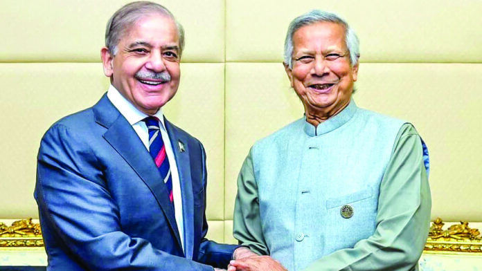 Pakistan’s Prime Minister Shehbaz Sharif (Left) with Bangladesh’s interim leader Muhammad Yunus during a meeting on the sidelines of the D-8 summit in Cairo on December 19, 2024. File Photo Pakistan’s Prime Minister Shehbaz Sharif (Left) with Bangladesh’s interim leader Muhammad Yunus during a meeting on the sidelines of the D-8 summit in Cairo on December 19, 2024. File Photo