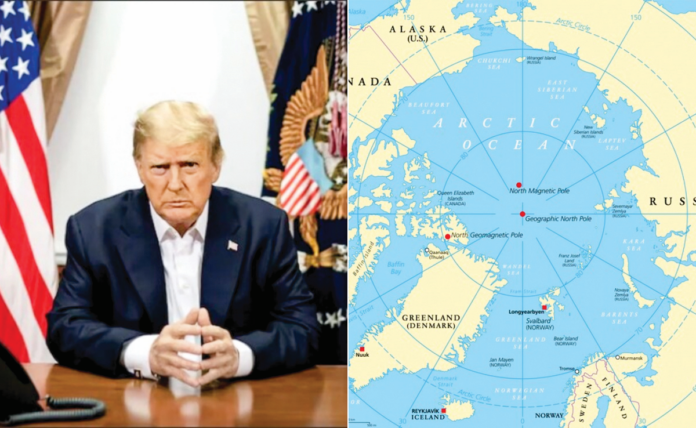 US President Donald Trump (Left) and the map of Arctic region. File Photo