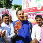 Haryana BJP President  Mohan Lal Badoli celebrating party’s victory in Delhi.