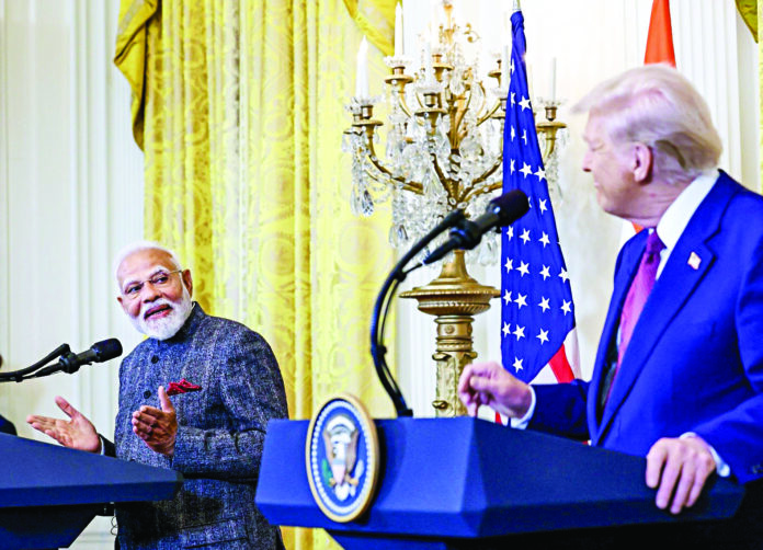 Prime Minister Narendra Modi and US President Donald Trump deliver a joint address after their meeting at the White House, in Washington, DC on Thursday. ANI/White House Prime Minister Narendra Modi and US President Donald Trump deliver a joint address after their meeting at the White House, in Washington, DC on Thursday. ANI/White House
