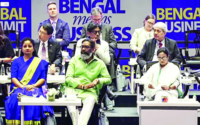 Representational photo: West Bengal Chief Minister Mamata Banerjee, Jharkhand Chief Minister Hemant Soren and his wife Kalpana Soren at the 8th edition of the Bengal Global Business Summit, in Kolkata on Wednesday. ANI Representational photo: West Bengal Chief Minister Mamata Banerjee, Jharkhand Chief Minister Hemant Soren and his wife Kalpana Soren at the 8th edition of the Bengal Global Business Summit, in Kolkata on Wednesday. ANI