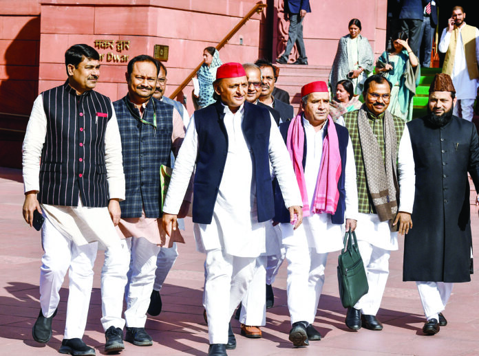 SP chief Akhilesh Yadav with party MPs Dharmendra Yadav, Anand Bhadauria and others at Parliament premises during the Budget Session, in New Delhi, on February 7. ANI SP chief Akhilesh Yadav with party MPs Dharmendra Yadav, Anand Bhadauria and others at Parliament premises during the Budget Session, in New Delhi, on February 7. ANI