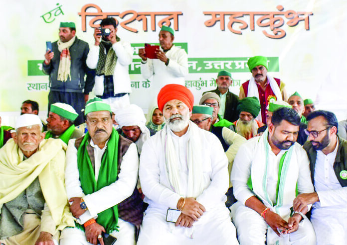 Farmer leader and Bhartiya Kisan Union (BKU) National Spokesperson Rakesh Tikait at ‘Kisan Mahakumbh’ during the ongoing Maha Kumbh 2025, in Prayagraj on Jan 18. ANI Farmer leader and Bhartiya Kisan Union (BKU) National Spokesperson Rakesh Tikait at ‘Kisan Mahakumbh’ during the ongoing Maha Kumbh 2025, in Prayagraj on Jan 18. ANI